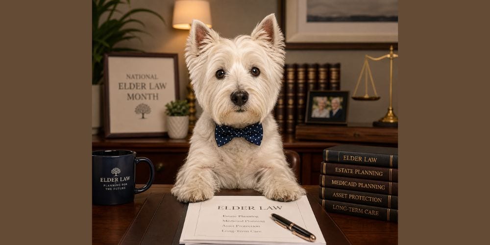 dog (Henri) at desk with contract