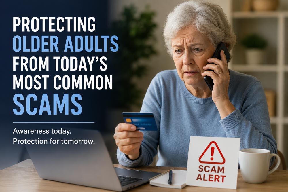 An elderly woman on the phone with the caption "protecting older adults from today's most common scams"