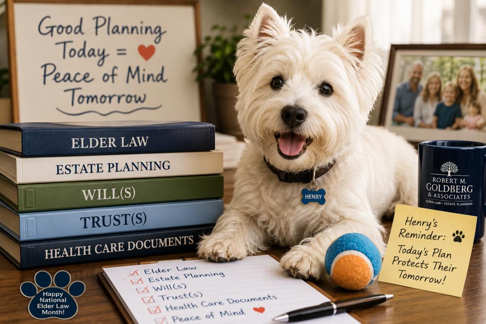 Cute dog sitting on a desk with book voliumes of Elder Law, Estate Planning and Wills & Trusts.