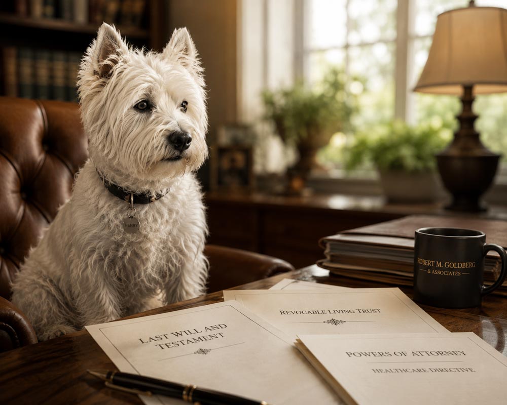 Dog sitting at desk looking at legal documents