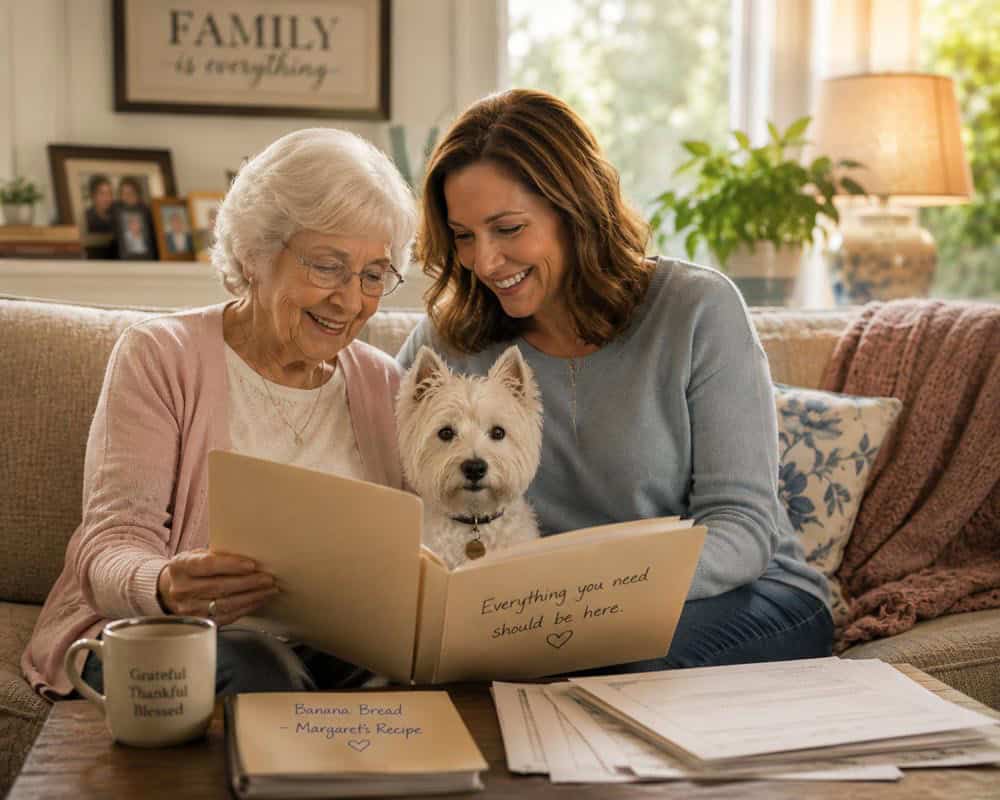 Older woman and her daughter looking at file folder