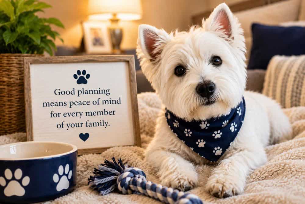 cute white dog looking at camera with framed sign next to him saying "Good planning means peace of mind for every member of your family"