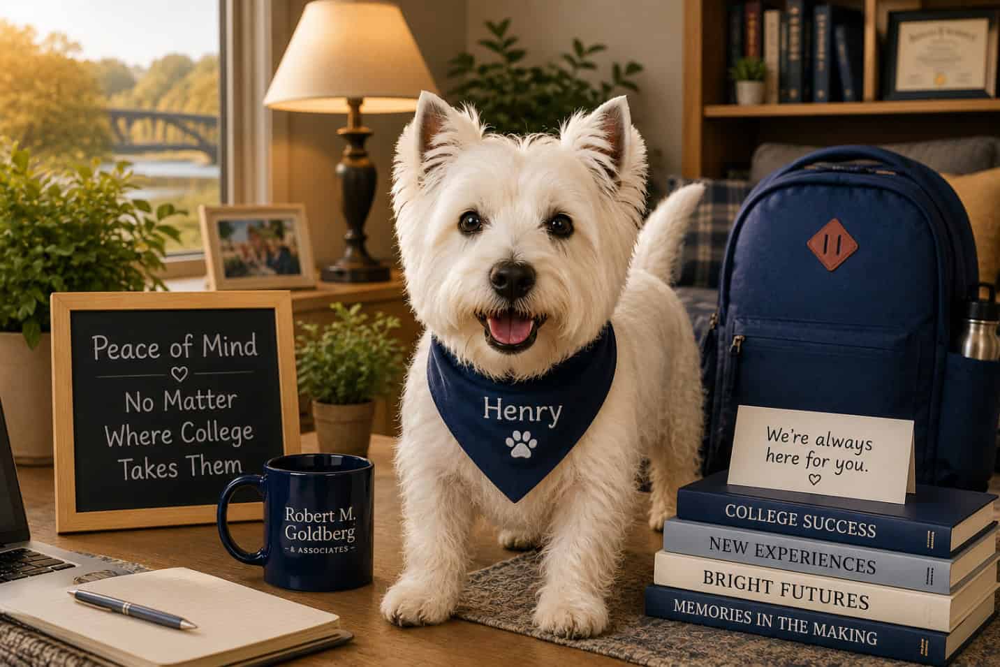 cute white dog looking at camera with framed sign next to him saying "Peace of mind no matter where college takes them"