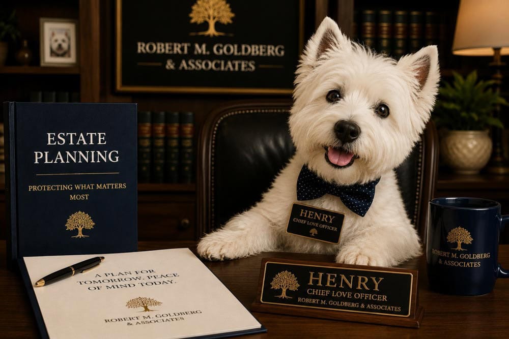 Henry the dog sitting at desk next to an estate plan document