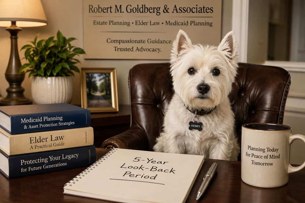 Cute white dog at desk with pad of paper and "medicaid 5 year lookback" written on it