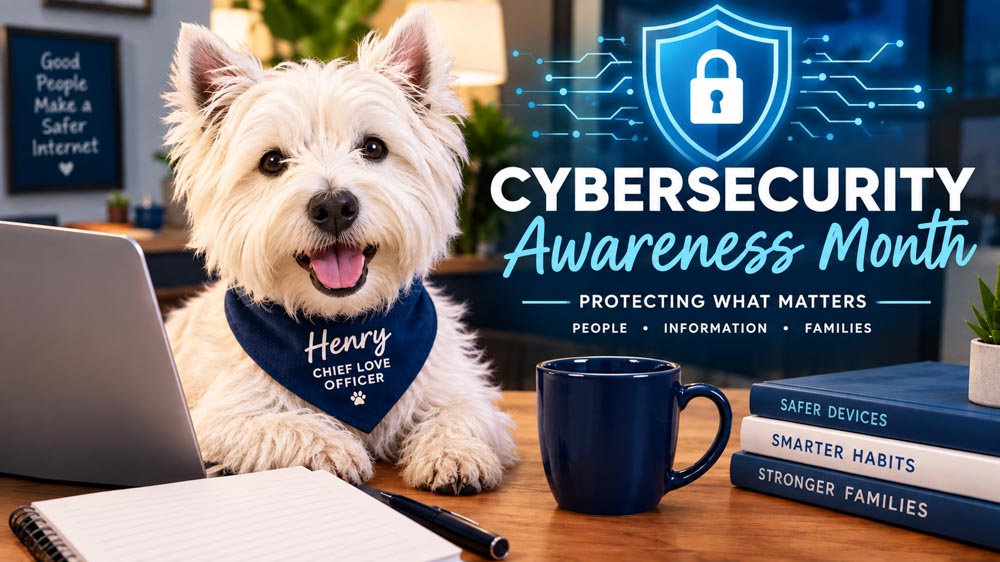 Cute white dog sitting next to screen that says "cybersecurity awareness month"