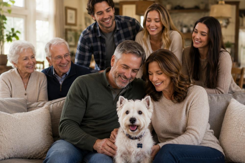 famiy with multiple generations and cute white dog