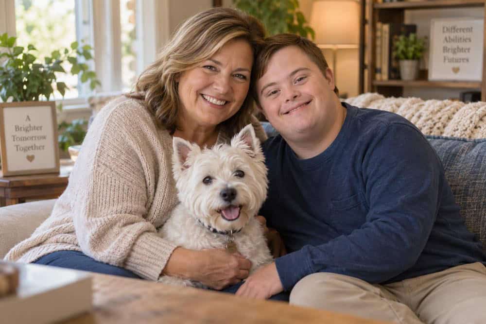 mom with special needs son and family dog smiling and sitting on sofa