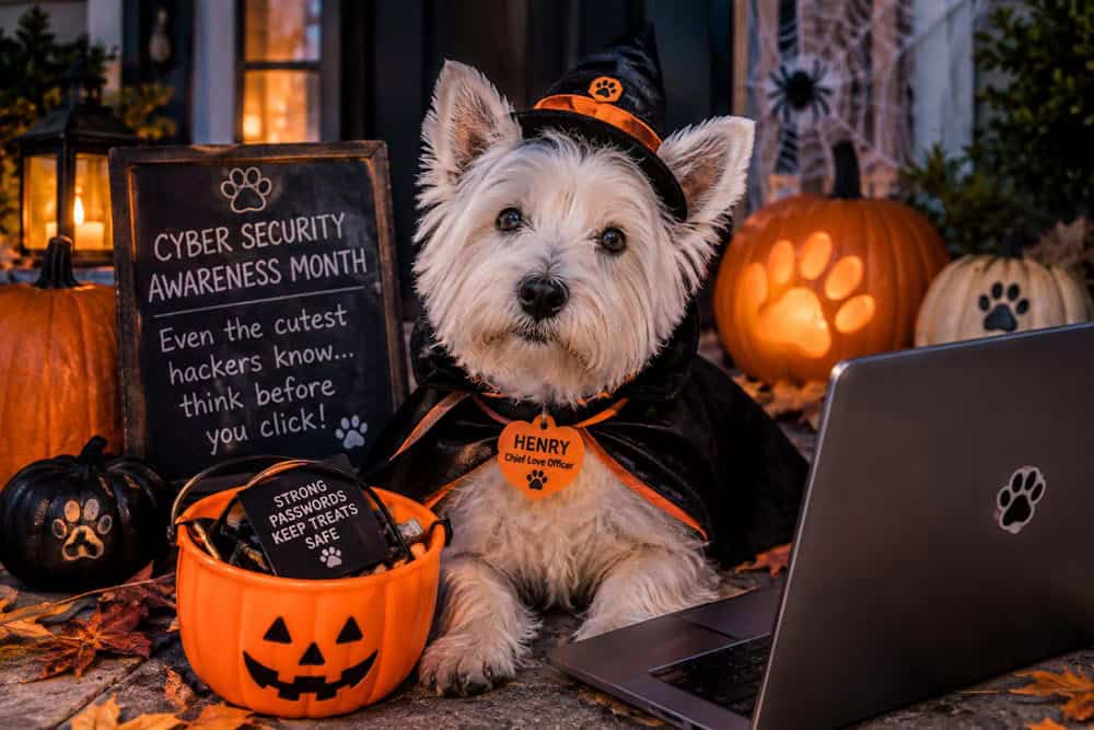 Cute white dog (Henry) wearing a Halloween costumer and working on a laptop with a sign that says "cymber security awareness month"