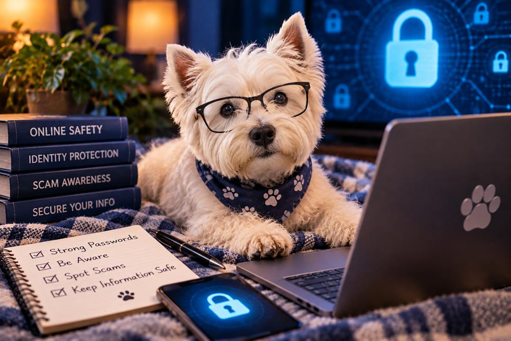 Cute white dog (Henry) wearing glasses working on a computer