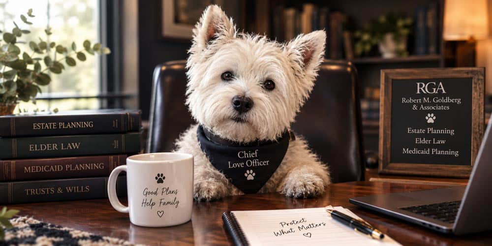 Cute white dog (Henry) with a sitting at legal office desk of an elder law attorney