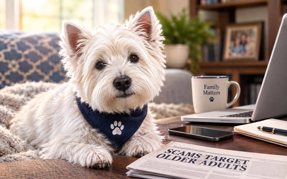 Cute white dog (Henry) with a newpaper with the headline "scams target older adults"